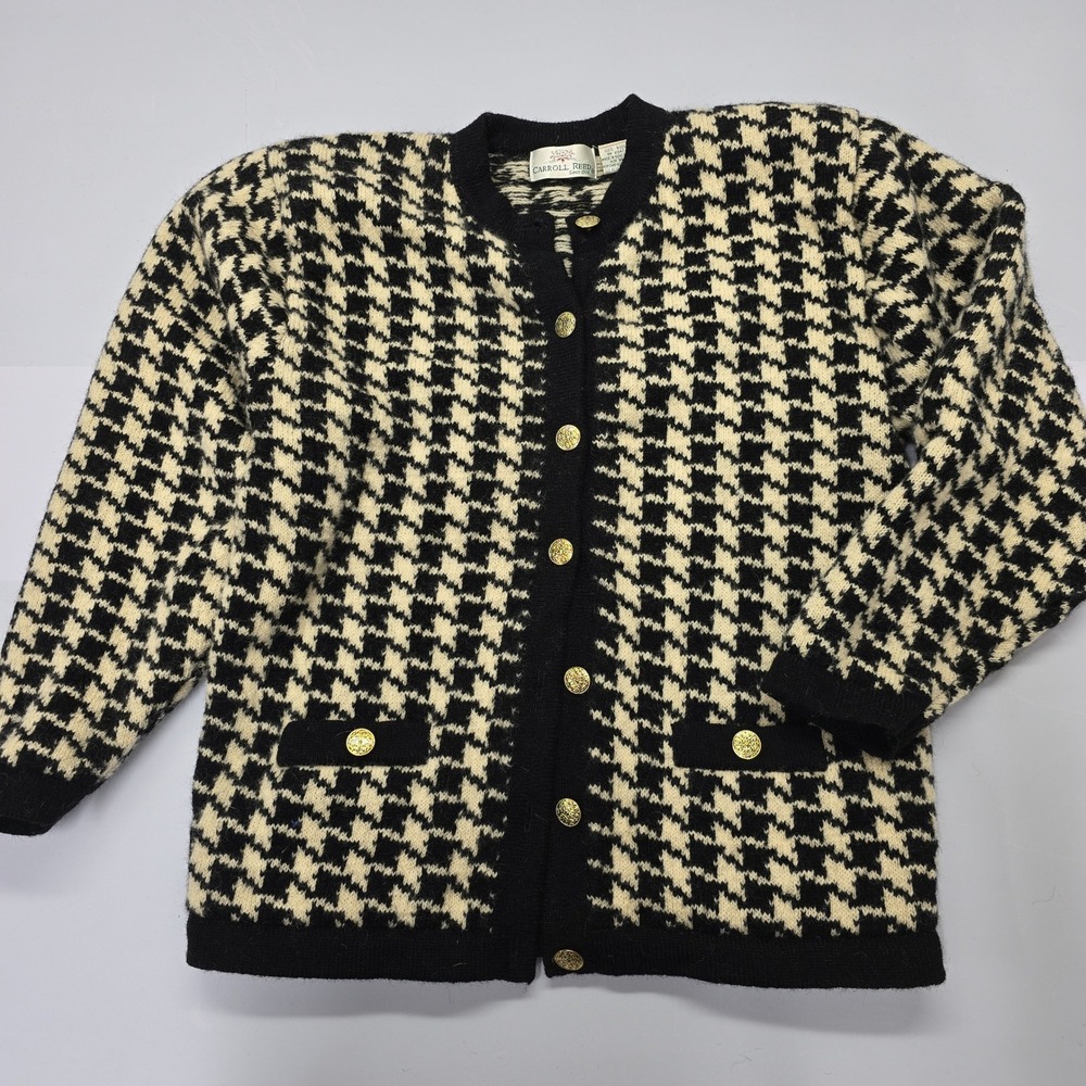 Carroll Reed Vintage Wool Houndstooth Cardigan Sweater Black‎ Cream XL